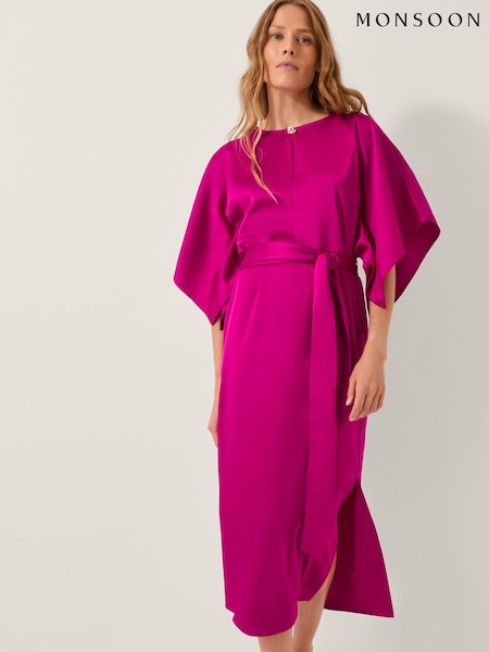 Monsoon Purple Kara Kimono Sleeve Satin Midi Dress (G47568) | £110