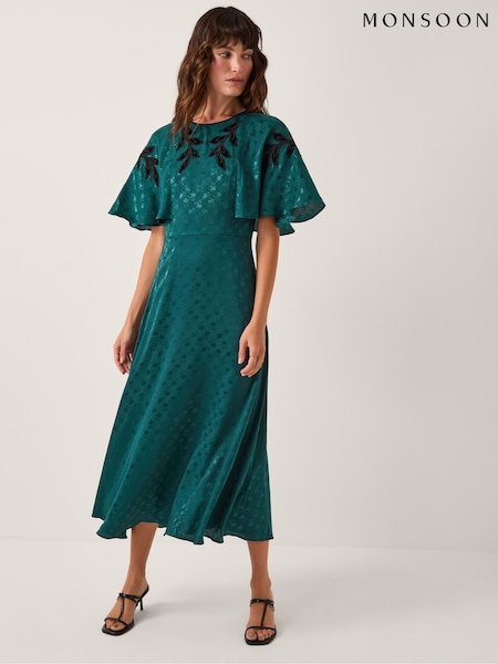 Monsoon Green Bianca Embroidered Floral Cape Midi Dress (G47573) | £160