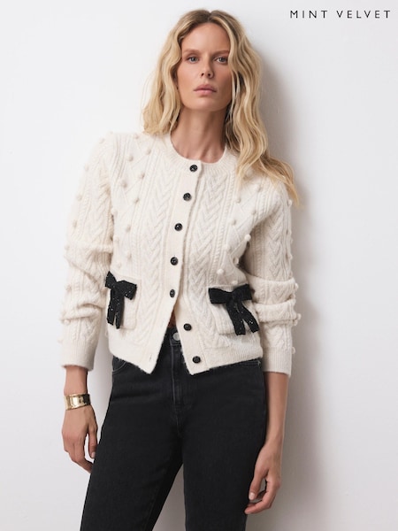 Mint Velvet Cream Bow Detail Wool Blend Cardigan (G47616) | £140