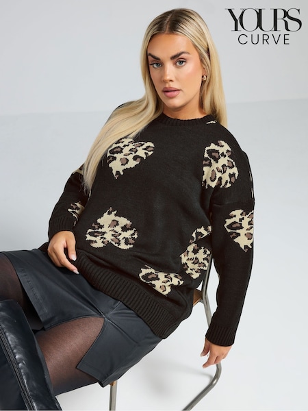 Yours Curve Black Leopard Print Heart Jumper (G47656) | £32