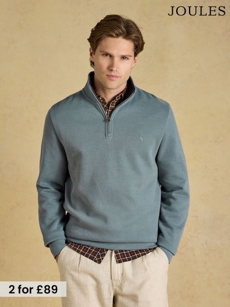 Blue - Regular Joules Alistair French Ribbed Quarter Zip Sweatshirt