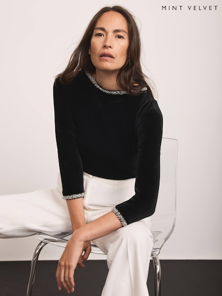Mint Velvet Black Embellished Trim Top (G47968) | £79