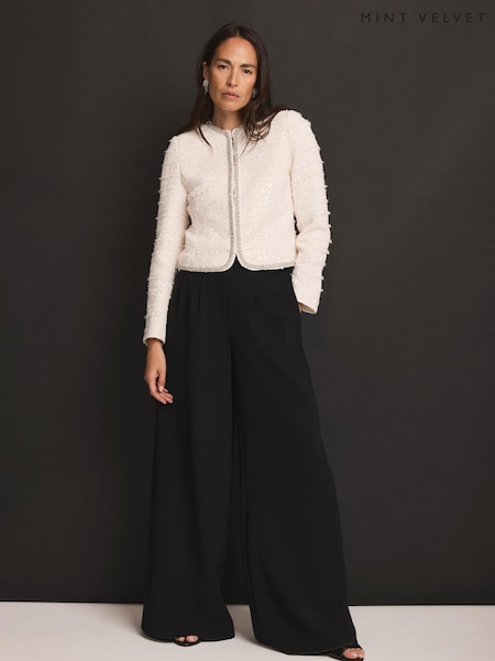 Mint Velvet White Boucle Diamante Trim Jacket (G47971) | £195