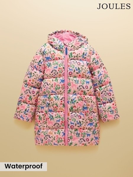 Pink - Joules Girls' Long Cairn Showerproof Padded Coat