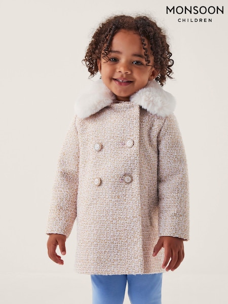 Monsoon Cream Baby Tweed Faux Fur Collar Coat (G48258) | £60 - £62
