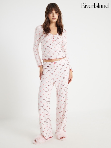 River Island Pink Long Sleeve Bow Pyjamas (G48351) | £34