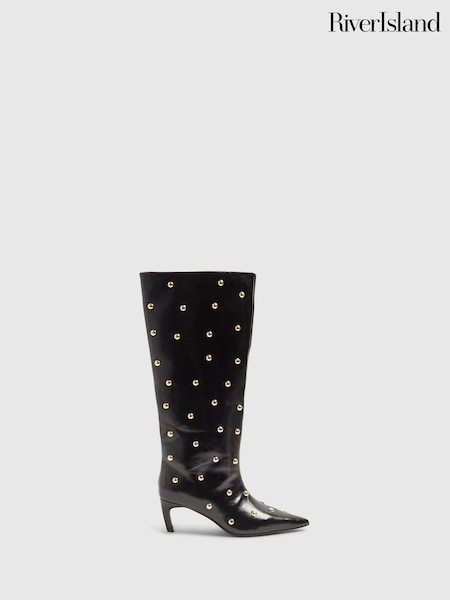 River Island Black Studded Straight High Leg Boot (G48427) | £79
