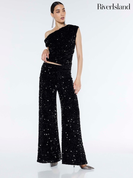 River Island Black Pull On Velvet Sequin Trousers (G48431) | £46