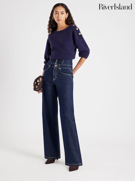 River Island Blue High Rise Corset Wide Leg Jeans (G48432) | £65