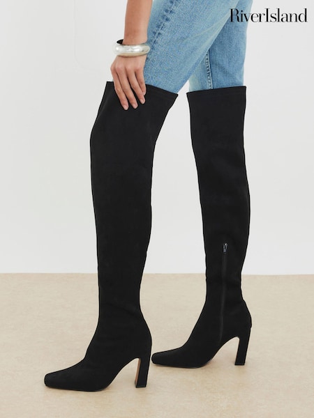 River Island Black Wide Fit Thigh High Stretch Boot (G48448) | £69