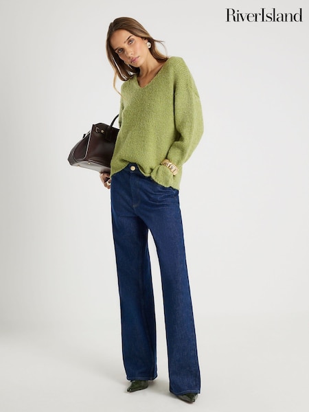 River Island Green V-Neck Slouch Jumper (G48456) | £44