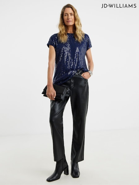 JD Williams Blue Sequin Longline Curved Hem Top (G48663) | £32