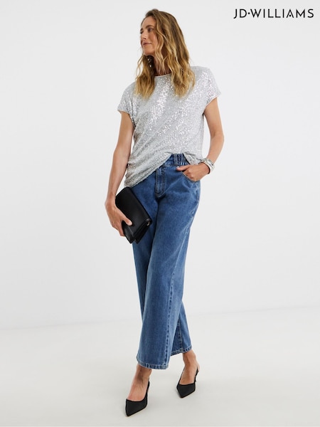 JD Williams Silver Sequin Longline Curved Hem Top (G48672) | £32