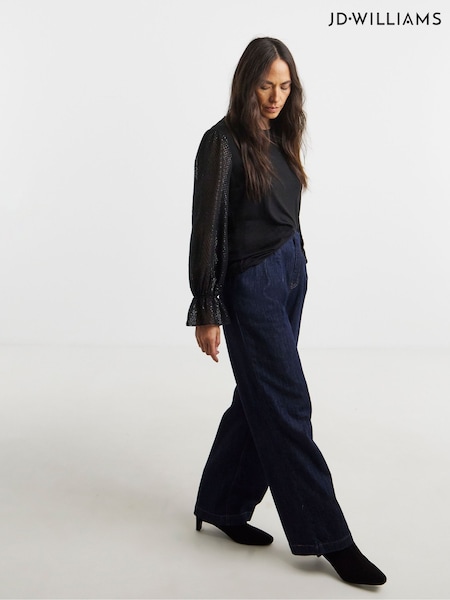 JD Williams Black Tinsel Texture Sheer Sleeve Blouse (G48680) | £28