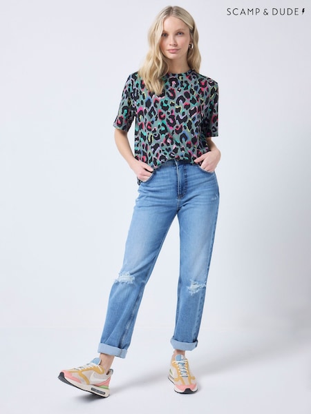 SCAMP & DUDE Green T-Shirt with Rainbow Shadow Leopard & Lightning Bolt (G48862) | £45