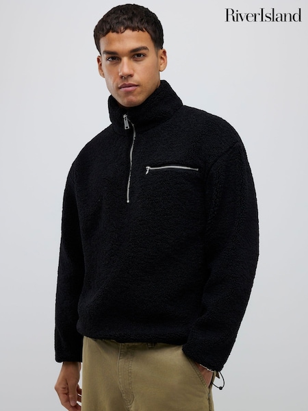 River Island Black Palais Dept Oversized Borg Funnel Fleece (G49072) | £46