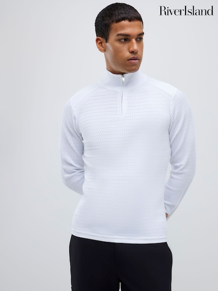 River Island White Muscle Fit Textured Quarter Zip Jumper (G49106) | £32