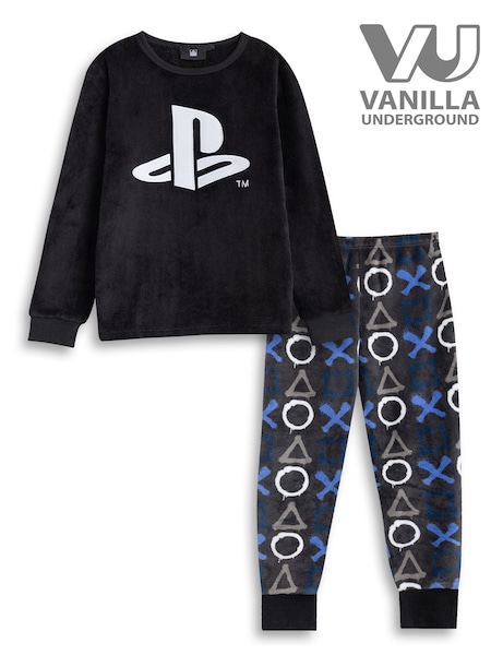 Vanilla Underground Black PlayStation Logo Fleece Long Sleeve Long Leg Pyjamas Set (G49158) | £22