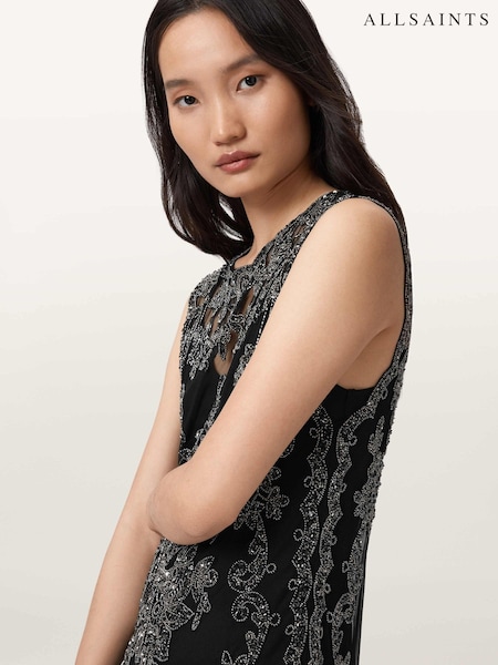 AllSaints Black Inaya Embellished Dress (G49304) | £599