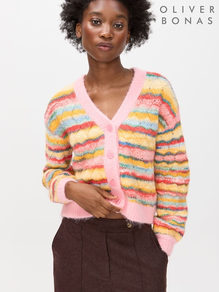 Oliver Bonas Orange Striped V-Neck Knitted Cardigan (G49520) | £70
