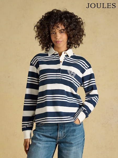 Navy & Cream Stripe - Joules Lara Cotton Collared Long Sleeve Rugby Shirt