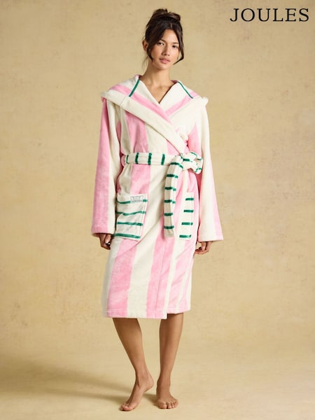 Pink & Cream Striped - Joules Luna Hooded Fleece Dressing Gown
