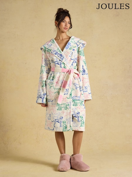 Cream Dog Print - Joules Luna Hooded Fleece Dressing Gown