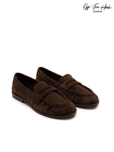 Off The Hook Brown Sienna Suede Leather Ruched Loafers (G49639) | £40