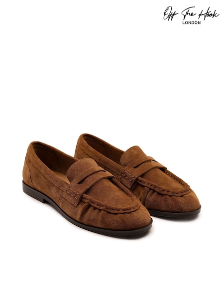 Off The Hook Brown Sienna Suede Leather Ruched Loafers (G49641) | £40