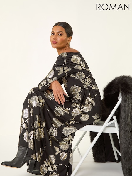 Roman Metallic Floral Foil Bardot Midi Dress (G49701) | £65