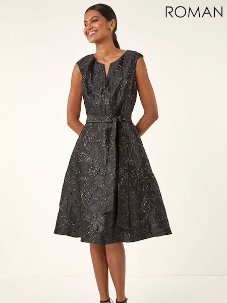 Roman Black Metallic Brocade Belted Dress (G49703) | £68
