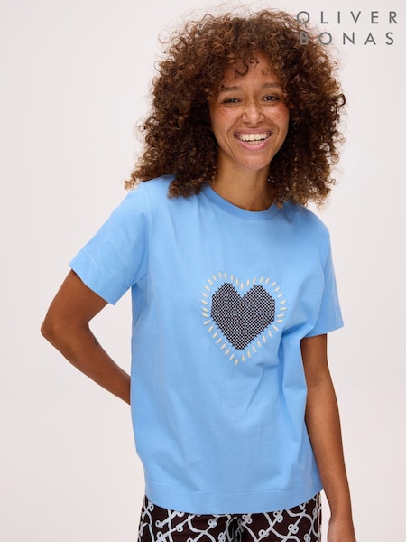 Oliver Bonas Blue Heart Cross Stitch T-Shirt (G49743) | £42