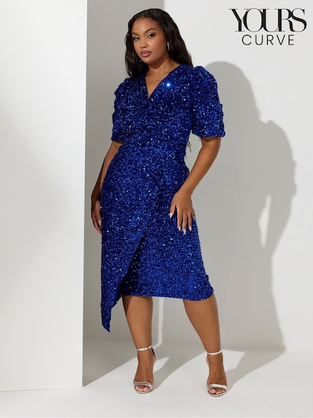 Yours Curve Blue London Sequin Velvet Wrap Dress (G49749) | £60