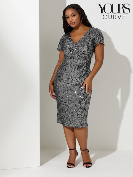 Yours Curve Silver London Sequin Embellished Wrap Dress (G49761) | £70