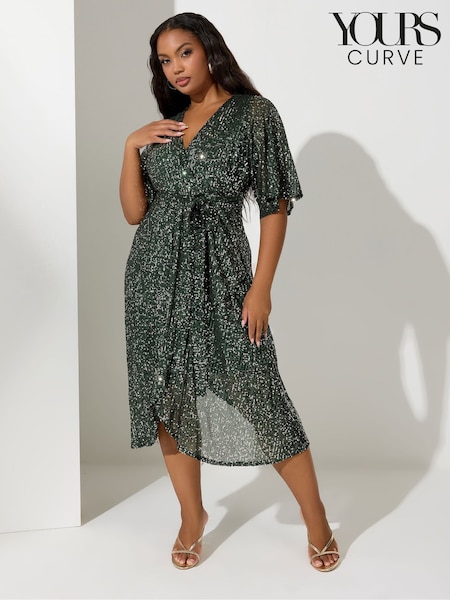 Yours Curve Green London Sequin Wrap Dress (G49772) | £80