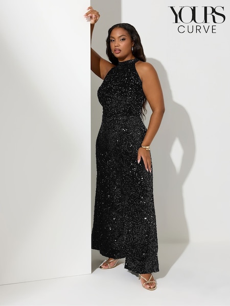 Yours Curve Black London Sequin Velvet Choker Jumpsuit (G49776) | £70