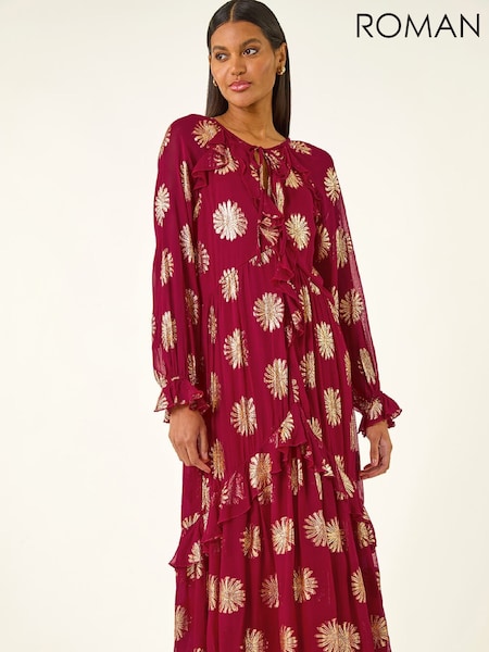 Roman Red Frill Brocade Midi Dress (G49790) | £70
