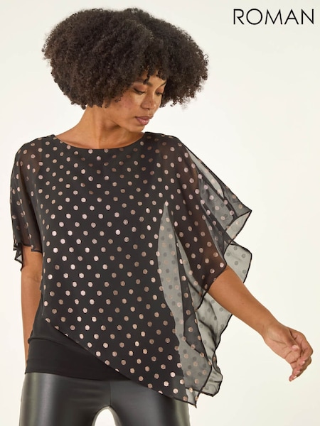 Roman Black Foil Spot Overlay Asymmetric Blouse (G49795) | £42