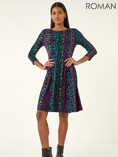 Roman Blue Animal Print Panel Stretch Dress (G49797) | £50