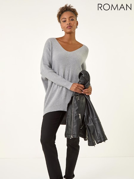 Roman Grey Animal Print Eyelet Back Knit Jumper (G49802) | £48