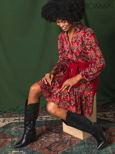 Roman Red Floral Print Button Stretch Dress (G49821) | £45