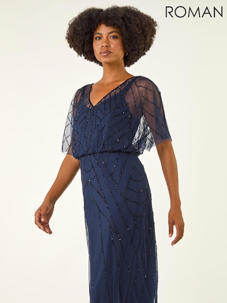 Roman Blue Beaded V-Neck Midi Dress (G49829) | £90