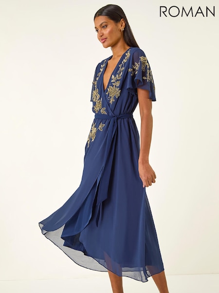 Roman Blue Premium Beaded Wrap Midi Dress (G49830) | £78
