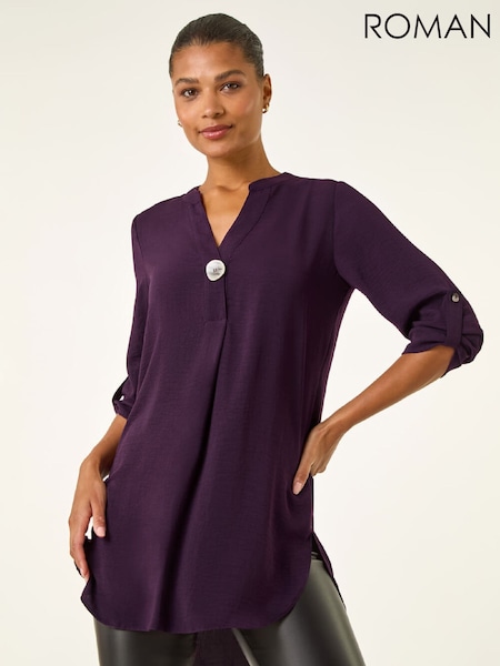 Roman Purple Longline Buttoned Notch Neck Tunic Top (G49841) | £40
