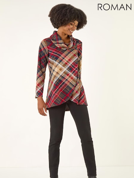 Roman Red Plaid Cowl Neck Buttoned Tunic Top (G49870) | £42