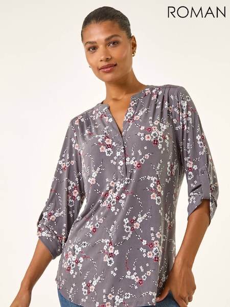Roman Grey Floral Puff Print Stretch Shirt (G49875) | £42