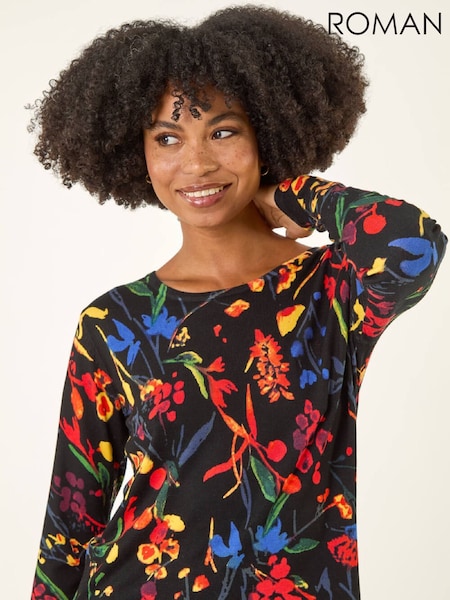 Roman Black Floral Print Soft Knit Jumper (G49887) | £42
