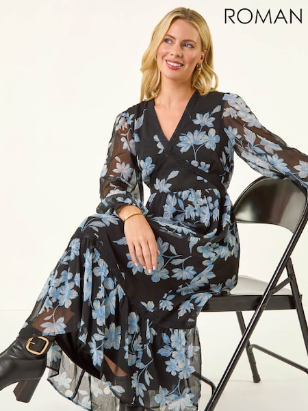 Roman Black Petite Floral Print Trim Midi Dress (G50047) | £55