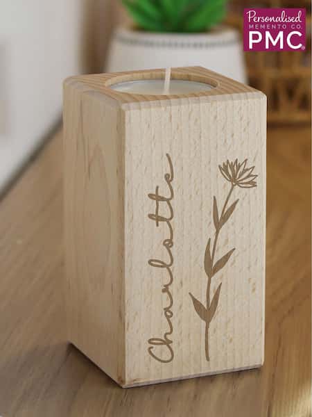 Personalised Floral Wooden Tealight Holder by PMC (G50343) | £14