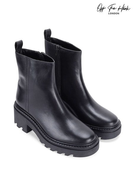 Off The Hook Black Bridgford Leather Chunky Heel Ankle Boots with Side Zipper (G50461) | £50